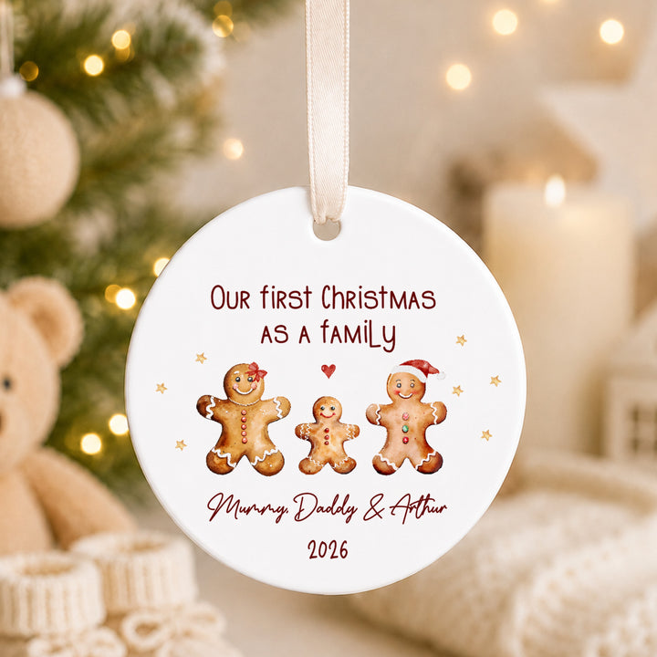 Personalised Ceramic Gingerbread Our First Christmas As A Family Bauble