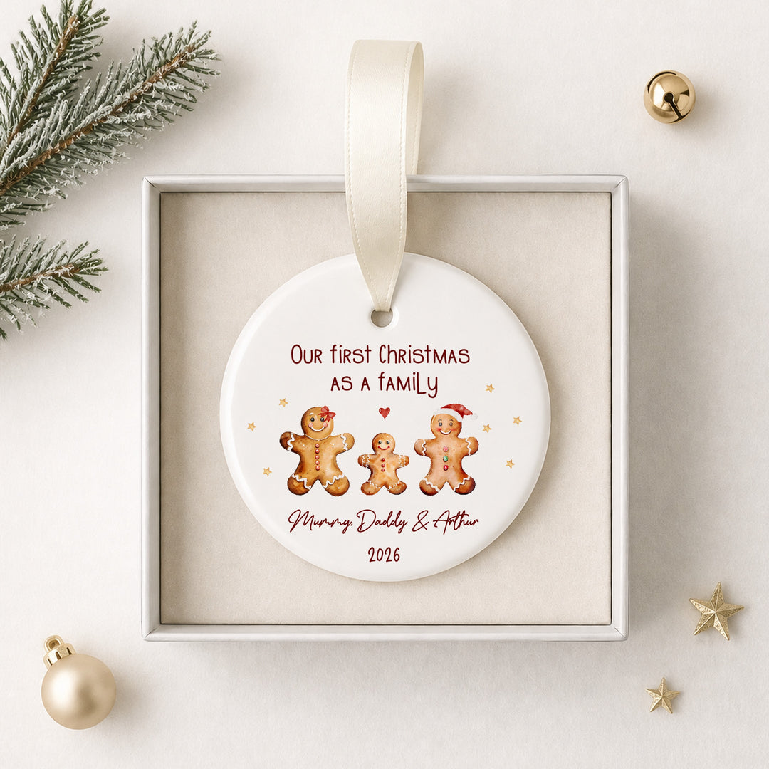 Personalised Ceramic Gingerbread Our First Christmas As A Family Bauble