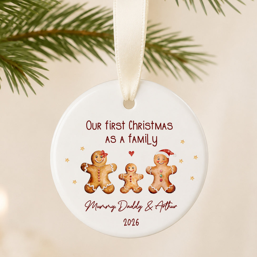 Personalised Ceramic Gingerbread Our First Christmas As A Family Bauble