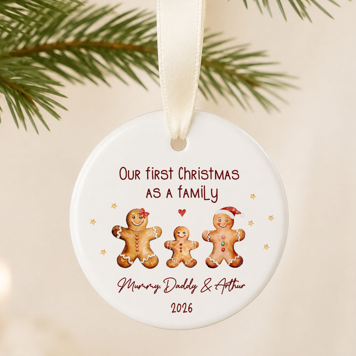 Personalised Ceramic Gingerbread Our First Christmas As A Family Bauble