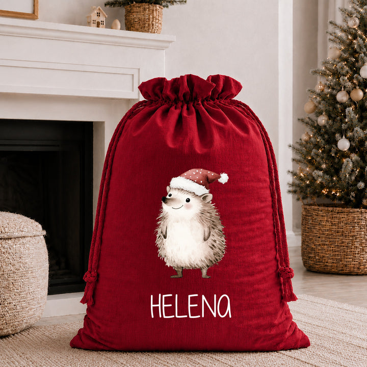 Personalised Festive Hedgehog Christmas Stocking or Santa Sack