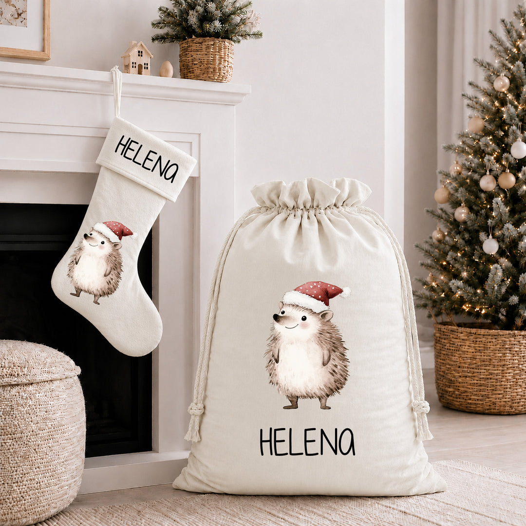 Personalised Festive Hedgehog Christmas Stocking or Santa Sack