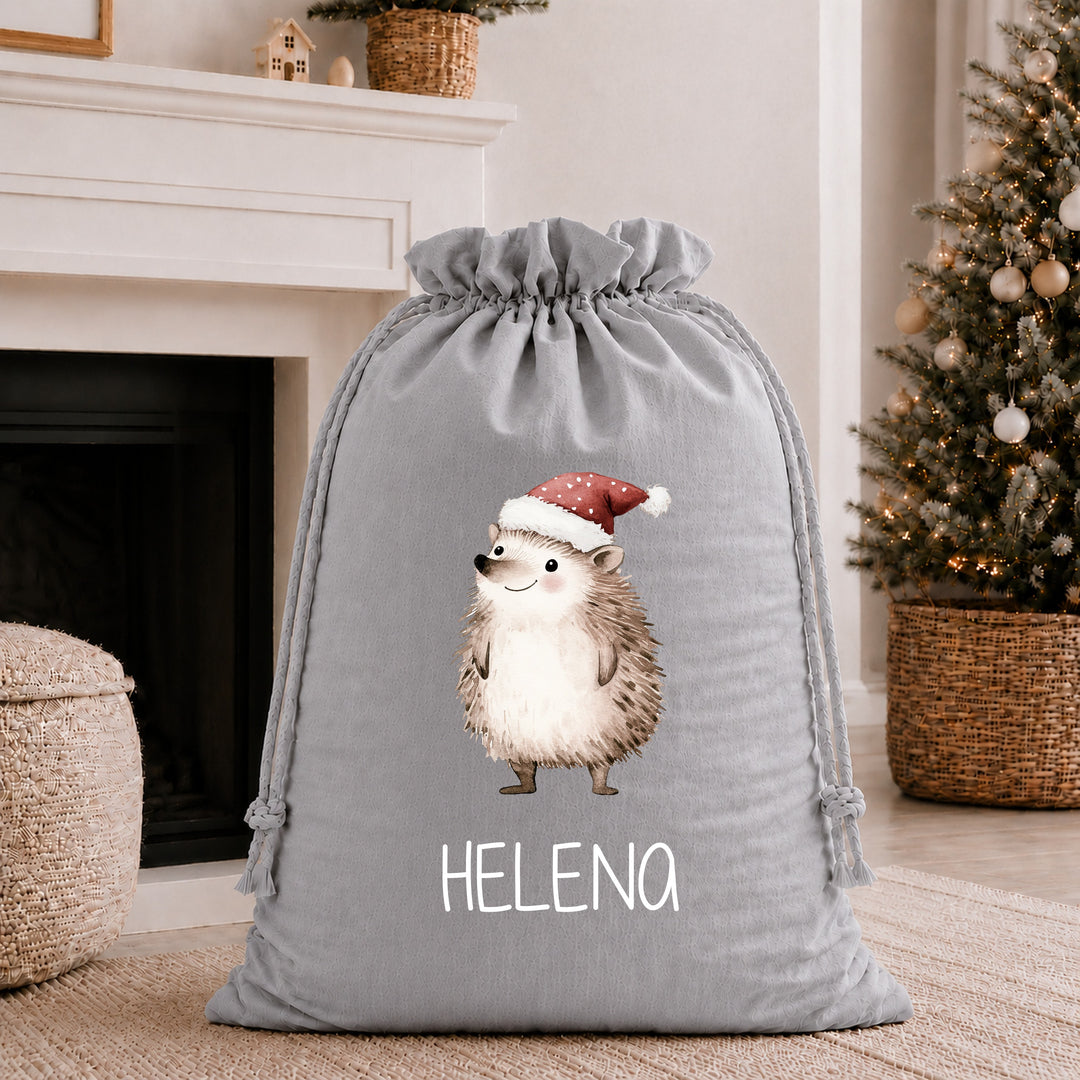 Personalised Festive Hedgehog Christmas Stocking or Santa Sack