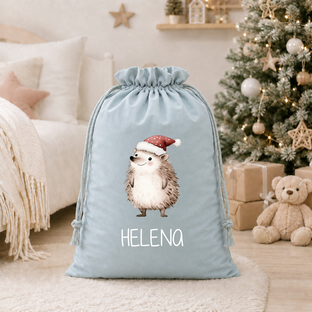 Personalised Festive Hedgehog Christmas Stocking or Santa Sack