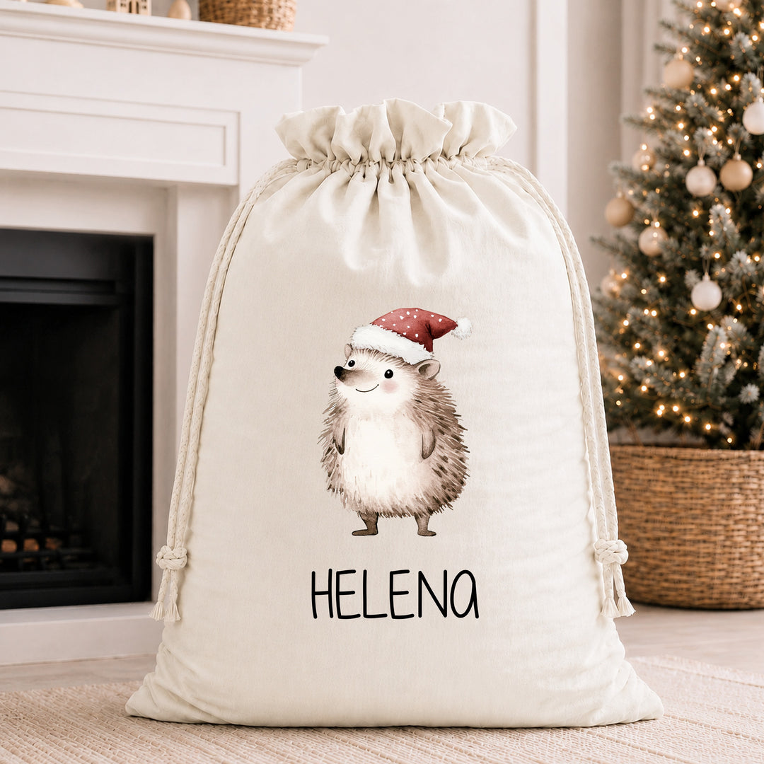 Personalised Festive Hedgehog Christmas Stocking or Santa Sack