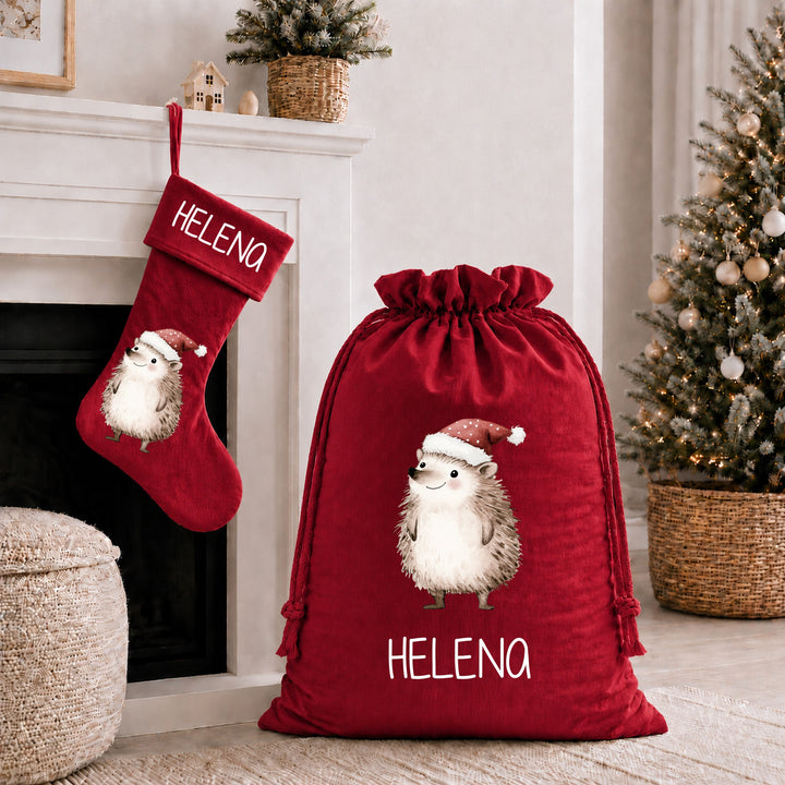 Personalised Festive Hedgehog Christmas Stocking or Santa Sack