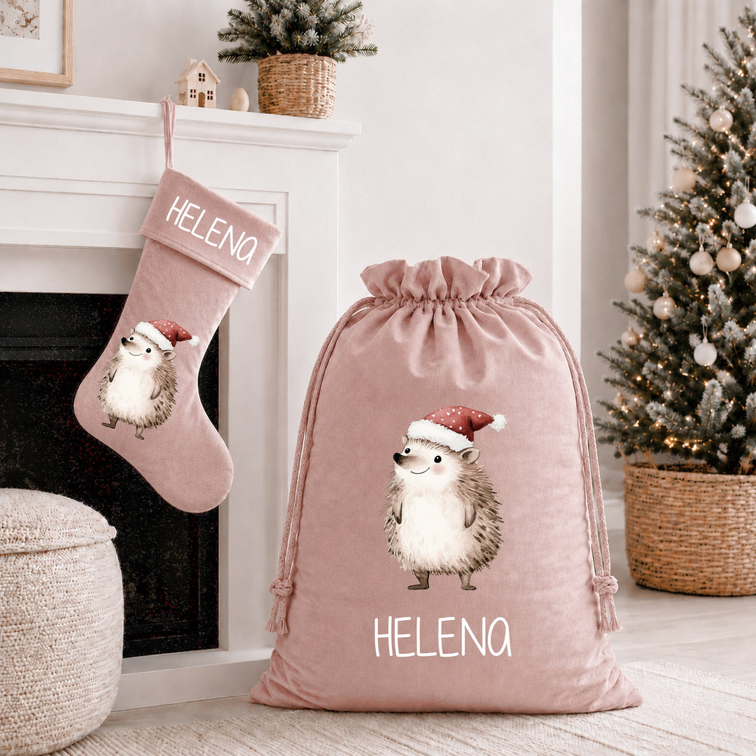 Personalised Festive Hedgehog Christmas Stocking or Santa Sack