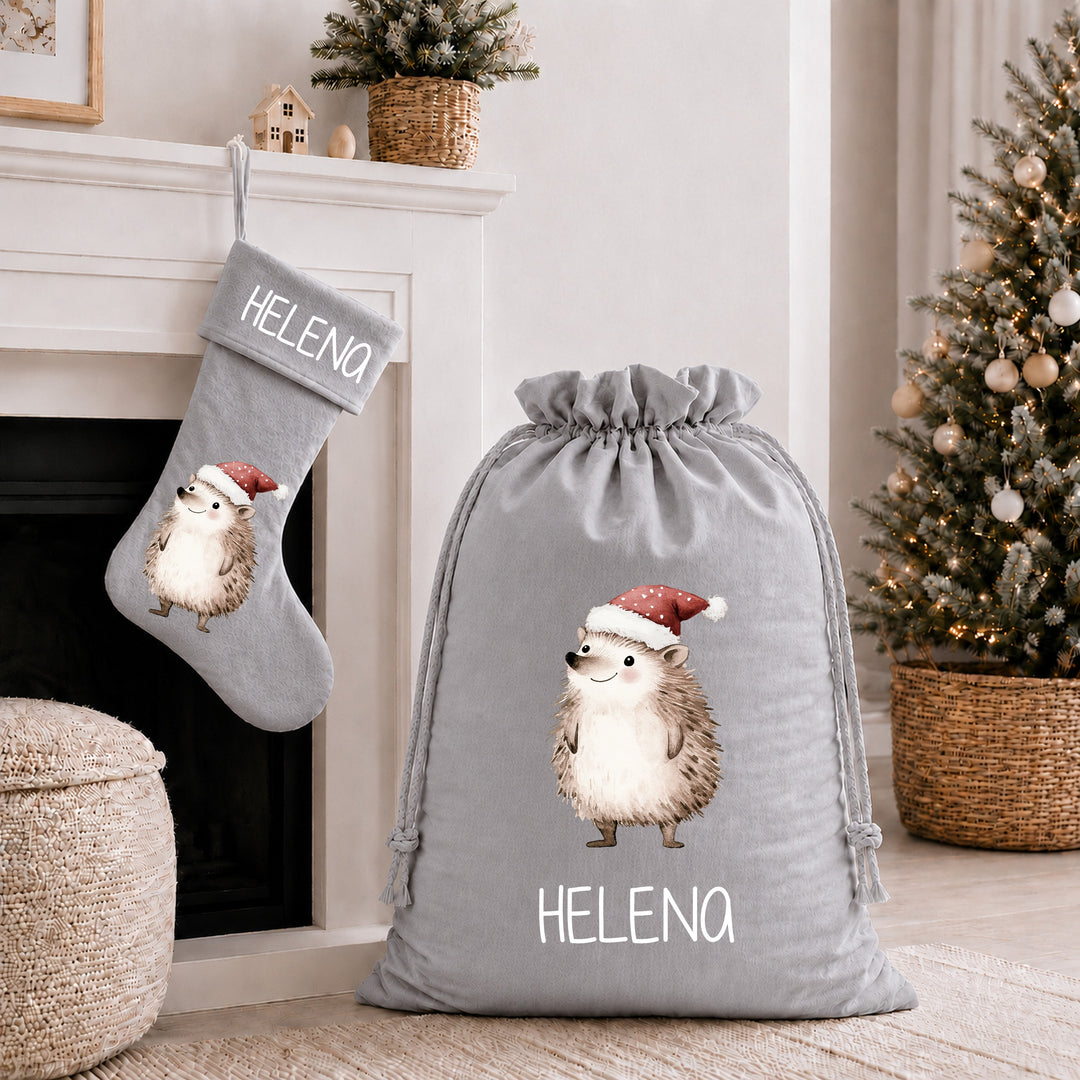Personalised Festive Hedgehog Christmas Stocking or Santa Sack