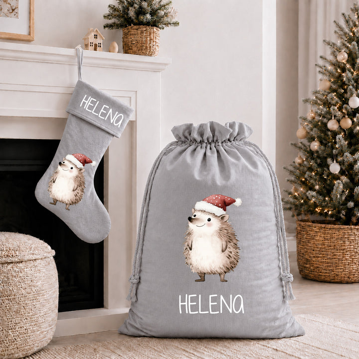 Personalised Festive Hedgehog Christmas Stocking or Santa Sack