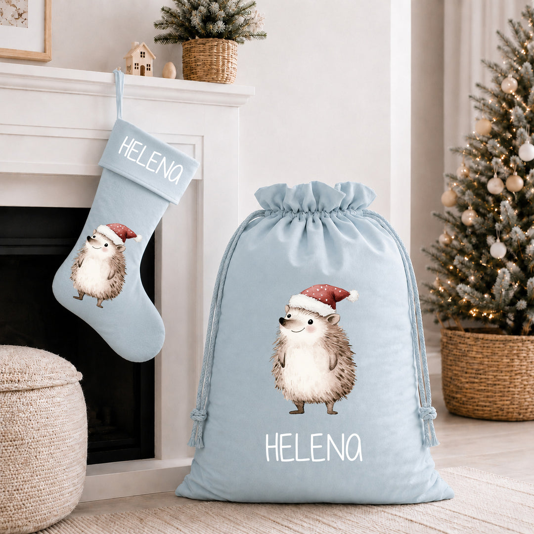 Personalised Festive Hedgehog Christmas Stocking or Santa Sack