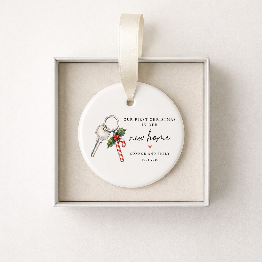 Personalised Candy Cane Our First Christmas In Our New Home Ceramic Christmas Bauble