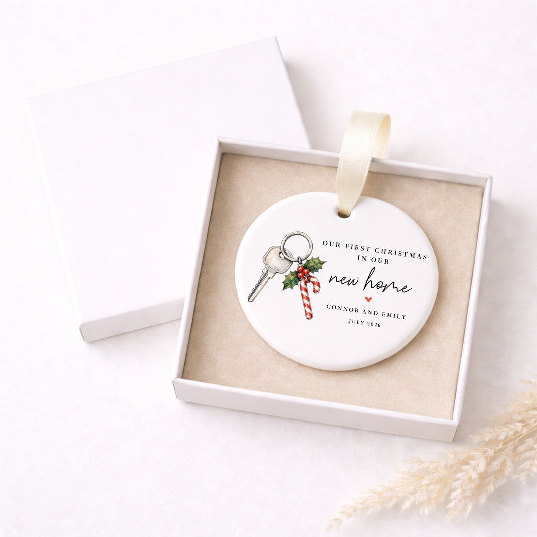 Personalised Candy Cane Our First Christmas In Our New Home Ceramic Christmas Bauble