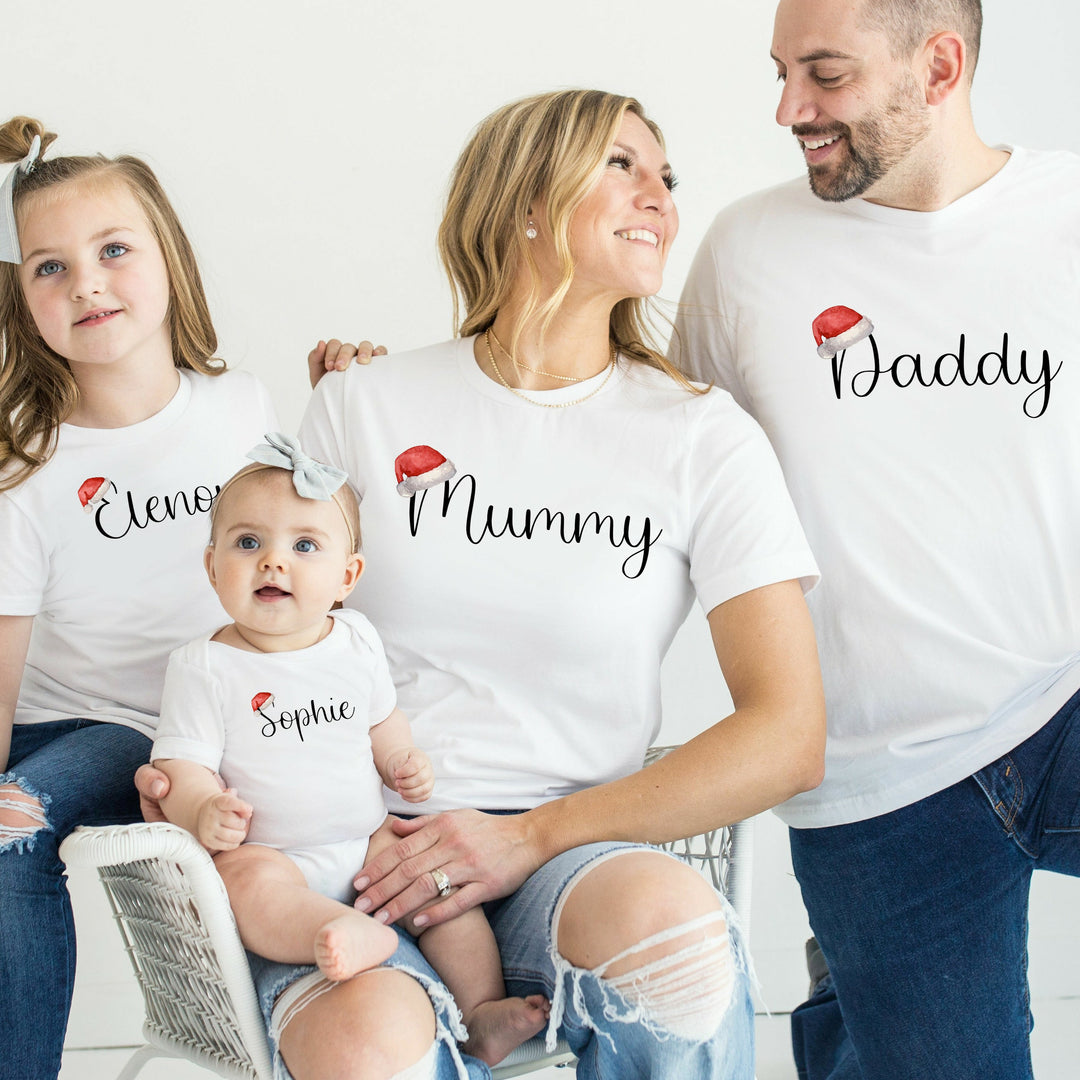 Personalised Name With Santa Hat Matching T-shirts With Optional Trousers