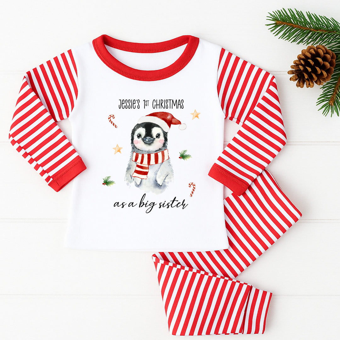 Personalised Festive Penguin Sibling Matching Christmas Pyjamas or Baby Grow