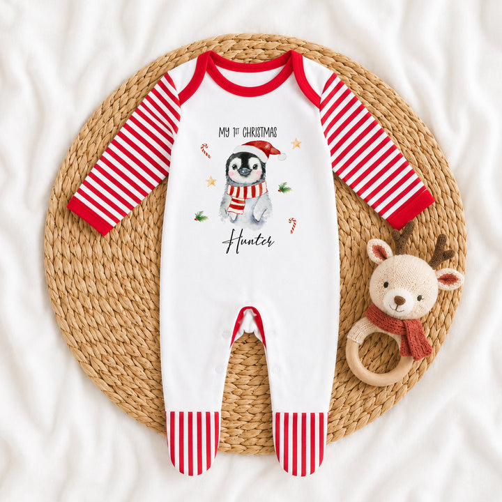 Personalised Festive Penguin Sibling Matching Christmas Pyjamas or Baby Grow