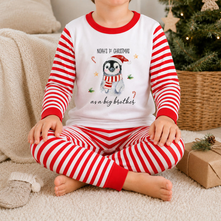Personalised Festive Penguin Sibling Matching Christmas Pyjamas or Baby Grow
