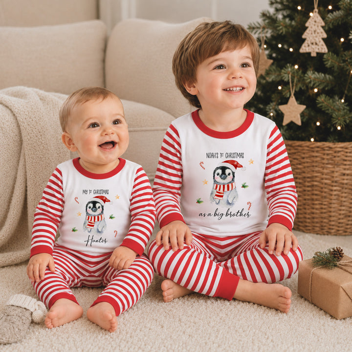 Personalised Festive Penguin Sibling Matching Christmas Pyjamas or Baby Grow