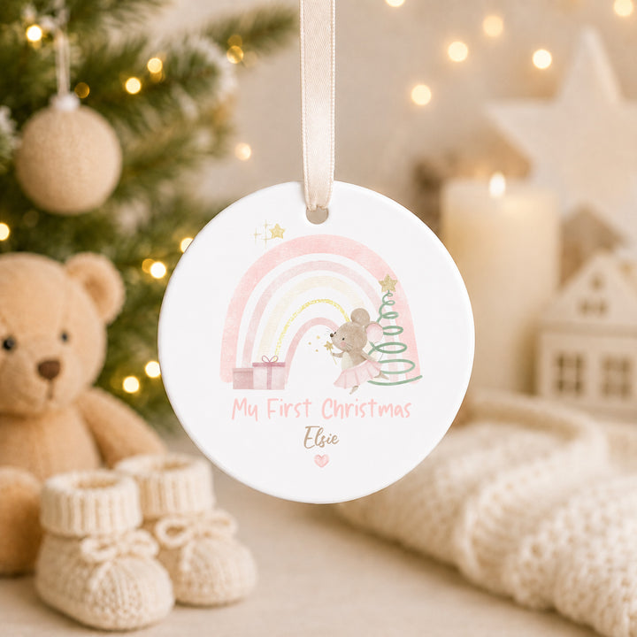Personalised Pink Mouse My First Christmas Ceramic Bauble