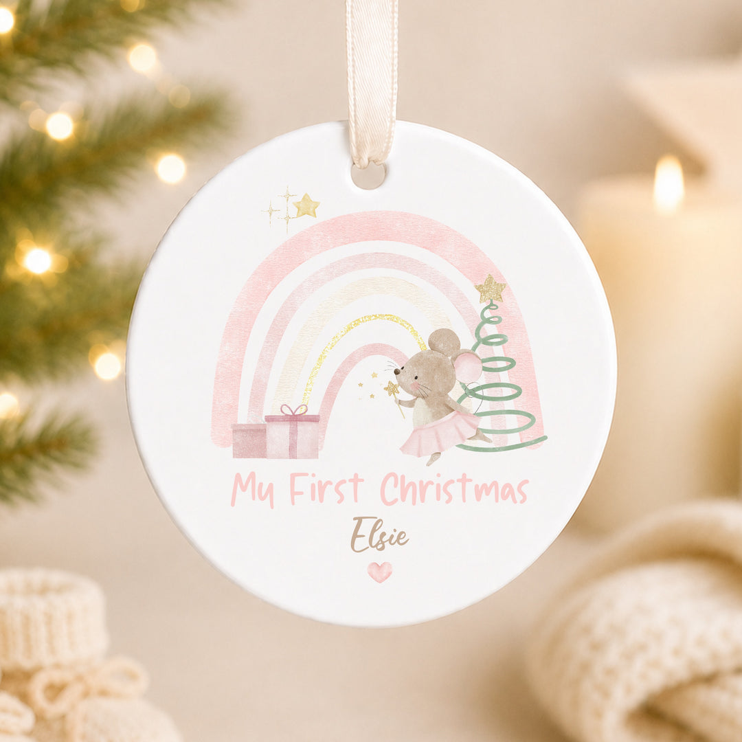 Personalised Pink Mouse My First Christmas Ceramic Bauble