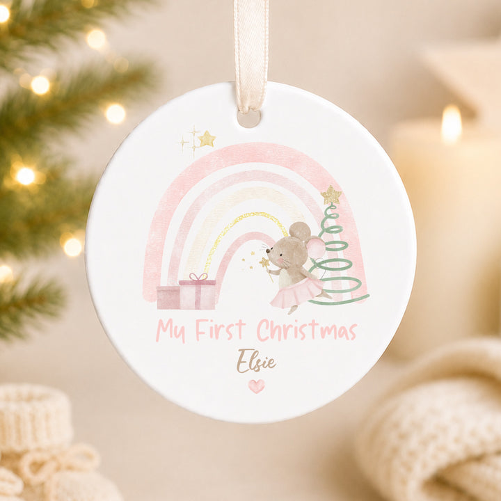 Personalised Pink Mouse My First Christmas Ceramic Bauble