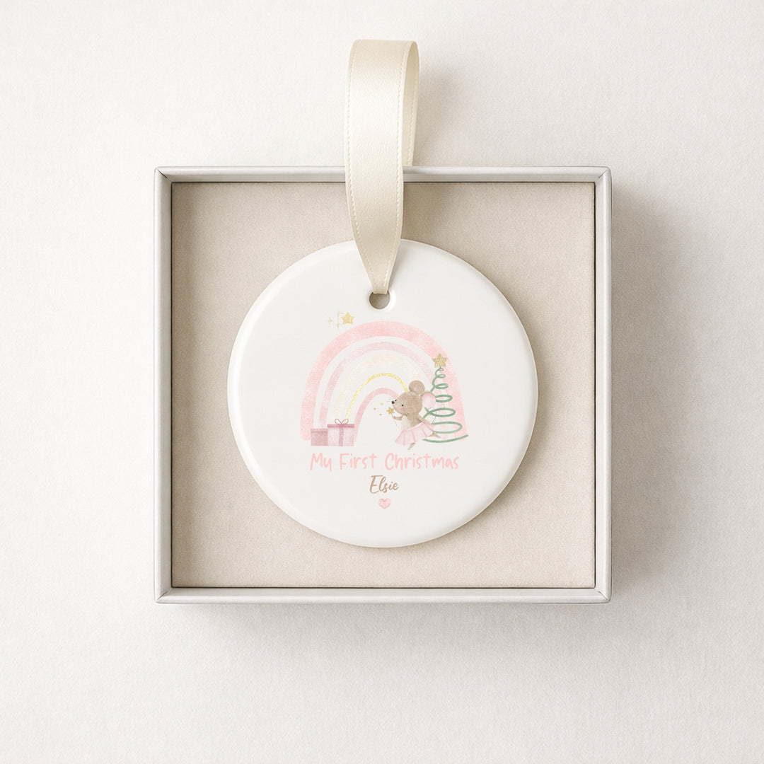 Personalised Pink Mouse My First Christmas Ceramic Bauble
