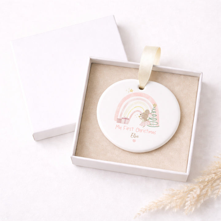 Personalised Pink Mouse My First Christmas Ceramic Bauble