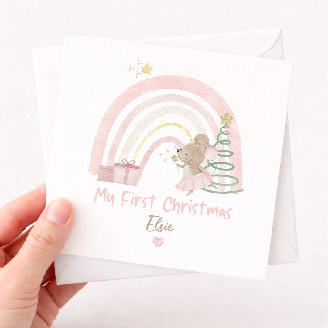 Personalised Pink Mouse My First Christmas Card