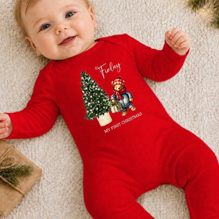 Personalised Pooh Bear My First Christmas Red Baby Grow
