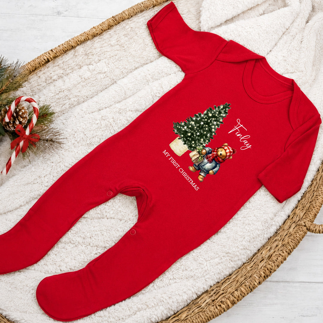 Personalised Pooh Bear My First Christmas Red Baby Grow