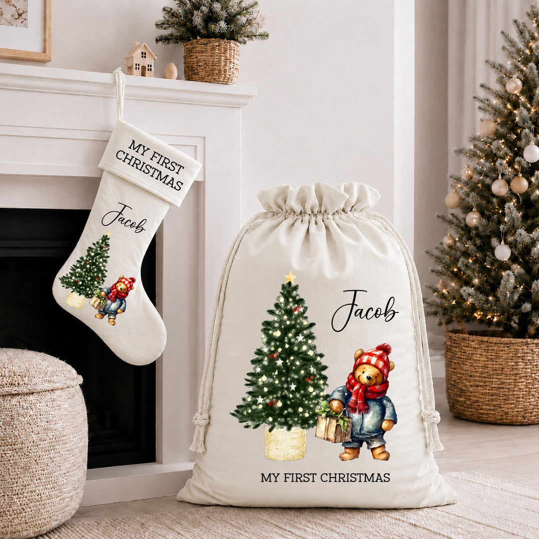 Personalised Pooh Bear My First Christmas Stocking or Santa Sack