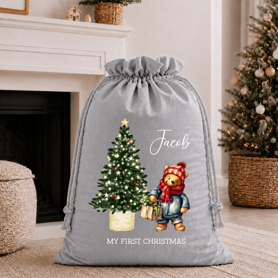 Personalised Pooh Bear My First Christmas Stocking or Santa Sack