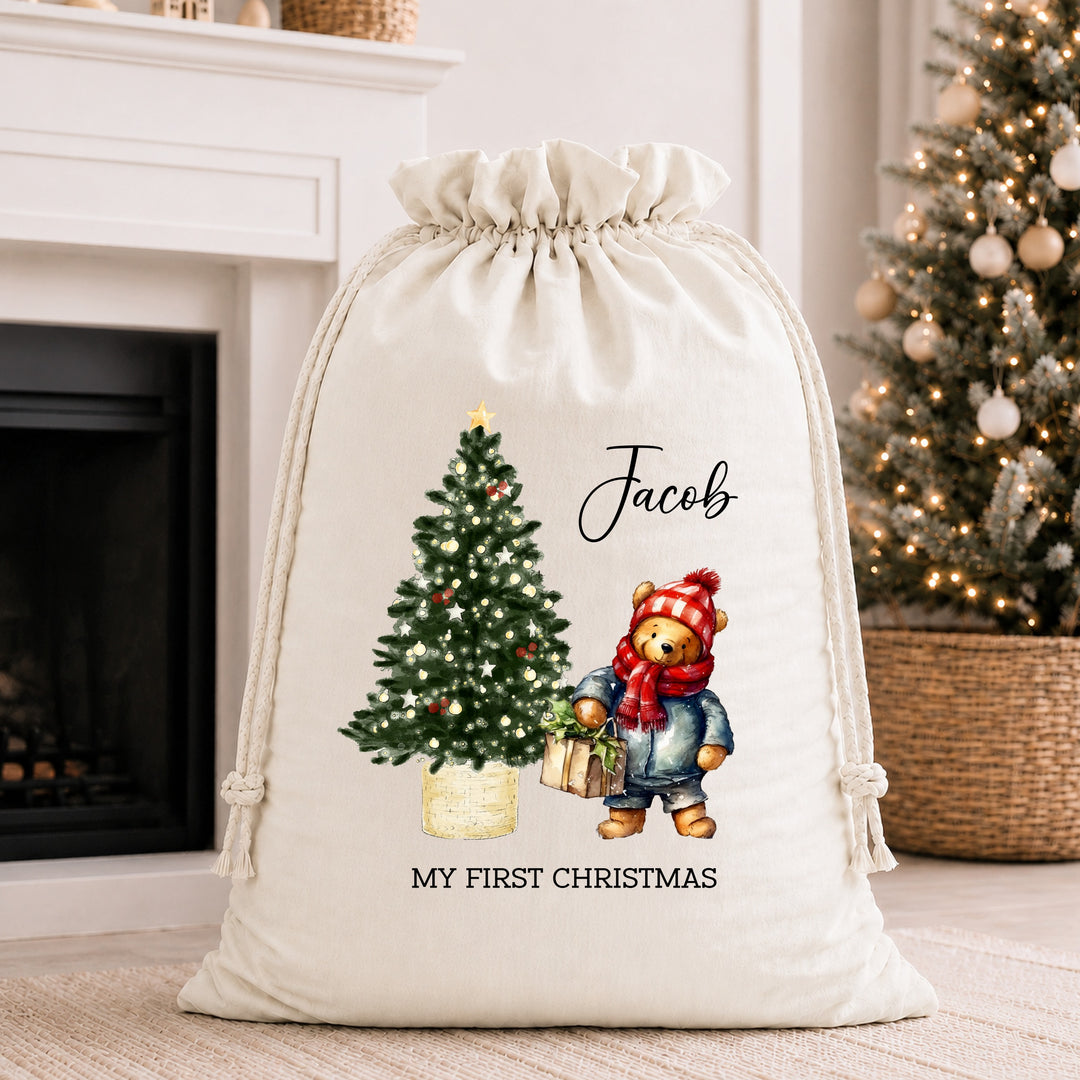Personalised Pooh Bear My First Christmas Stocking or Santa Sack