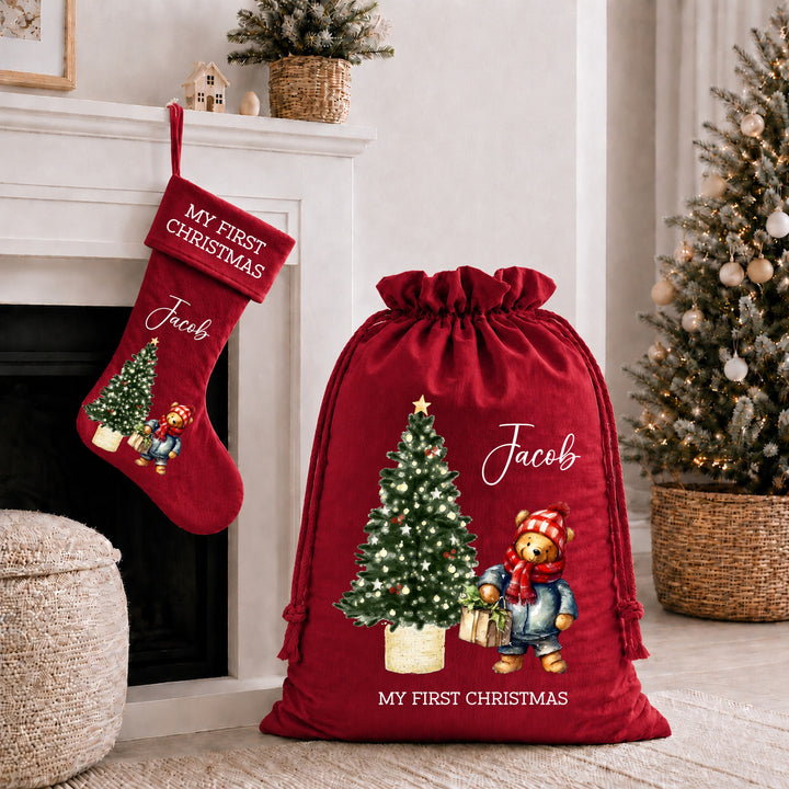 Personalised Pooh Bear My First Christmas Stocking or Santa Sack