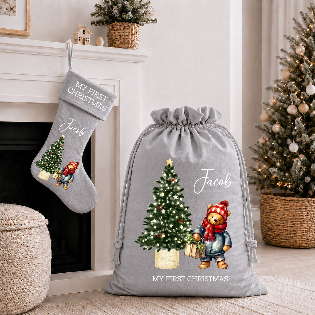 Personalised Pooh Bear My First Christmas Stocking or Santa Sack