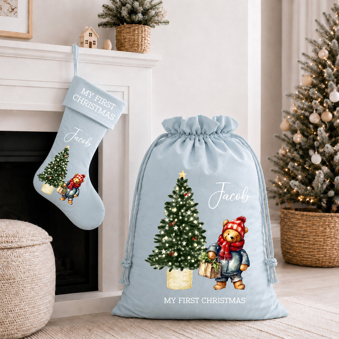 Personalised Pooh Bear My First Christmas Stocking or Santa Sack