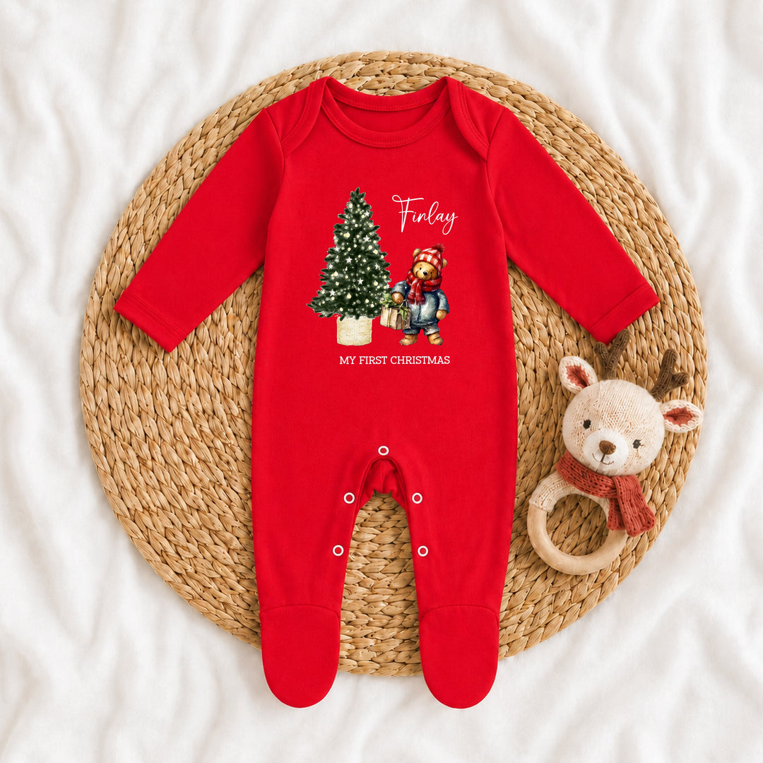 Personalised Pooh Bear My First Christmas Red Baby Grow