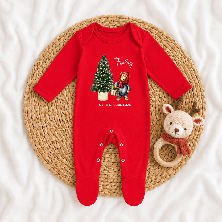 Personalised Pooh Bear My First Christmas Red Baby Grow