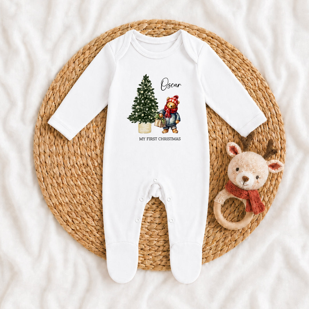 Personalised Pooh Bear My First Christmas Red Baby Grow