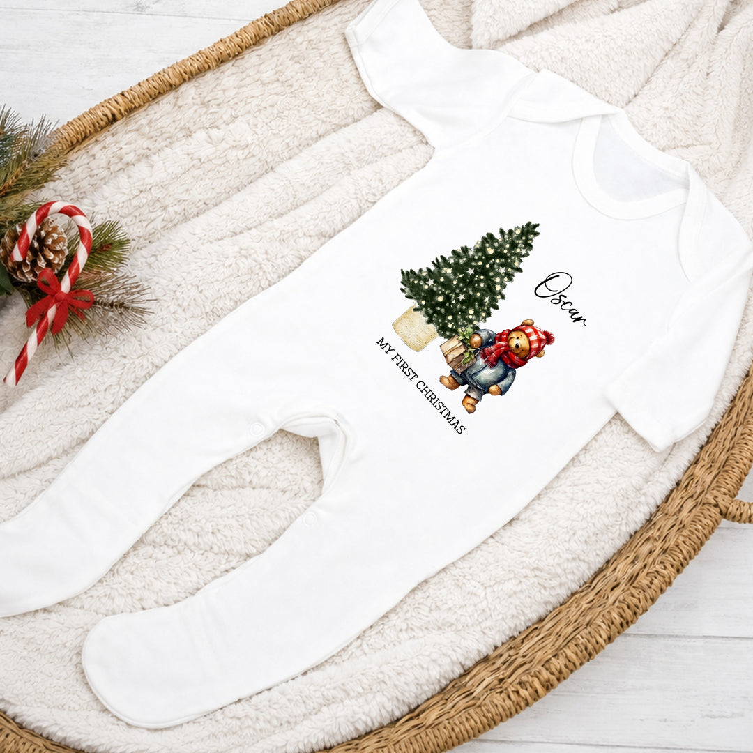 Personalised Pooh Bear My First Christmas Red Baby Grow