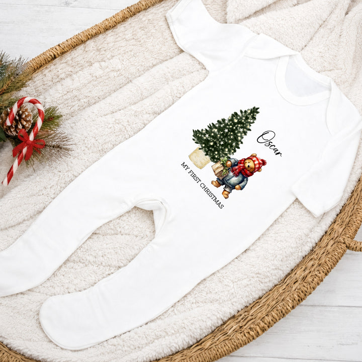 Personalised Pooh Bear My First Christmas Red Baby Grow