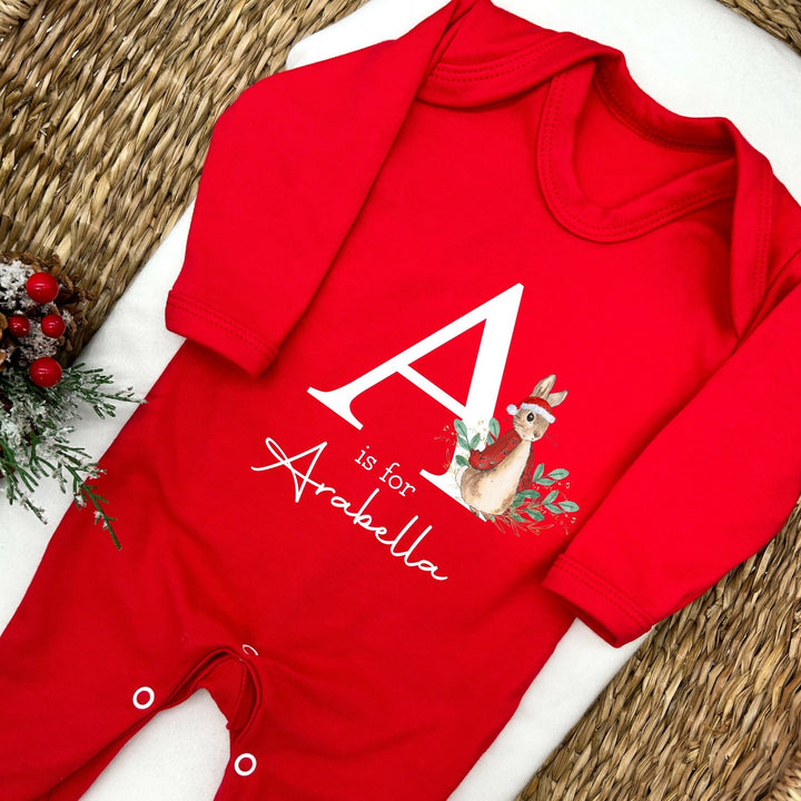 Christmas Red Rabbit Name and Inital Personalised Red Babygrow