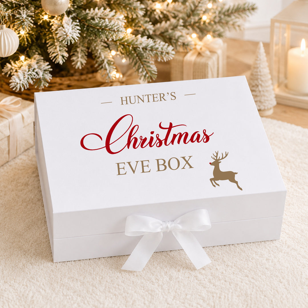 Personalised Gold and Red Reindeer Christmas Eve Box