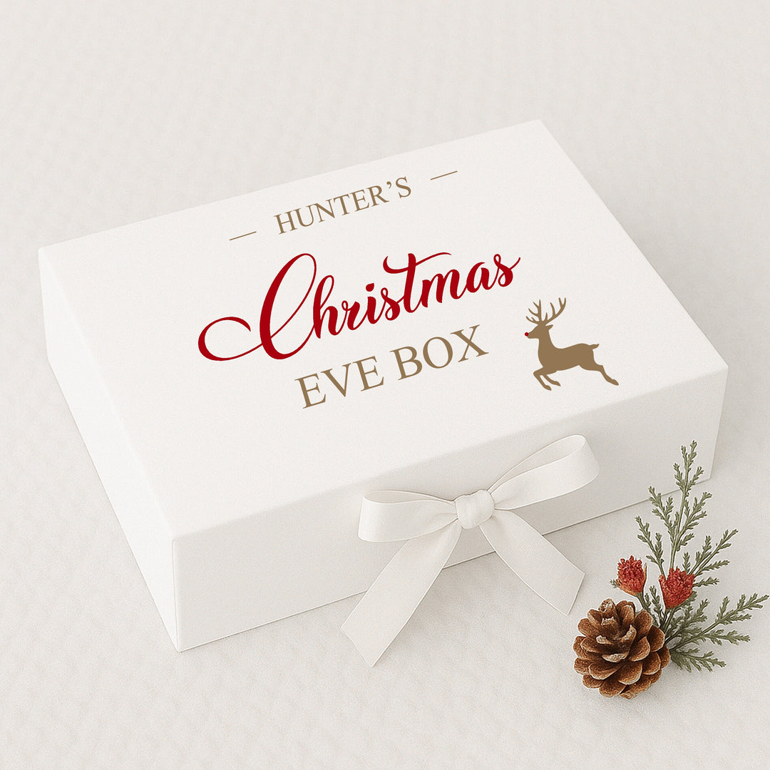 Personalised Gold and Red Reindeer Christmas Eve Box