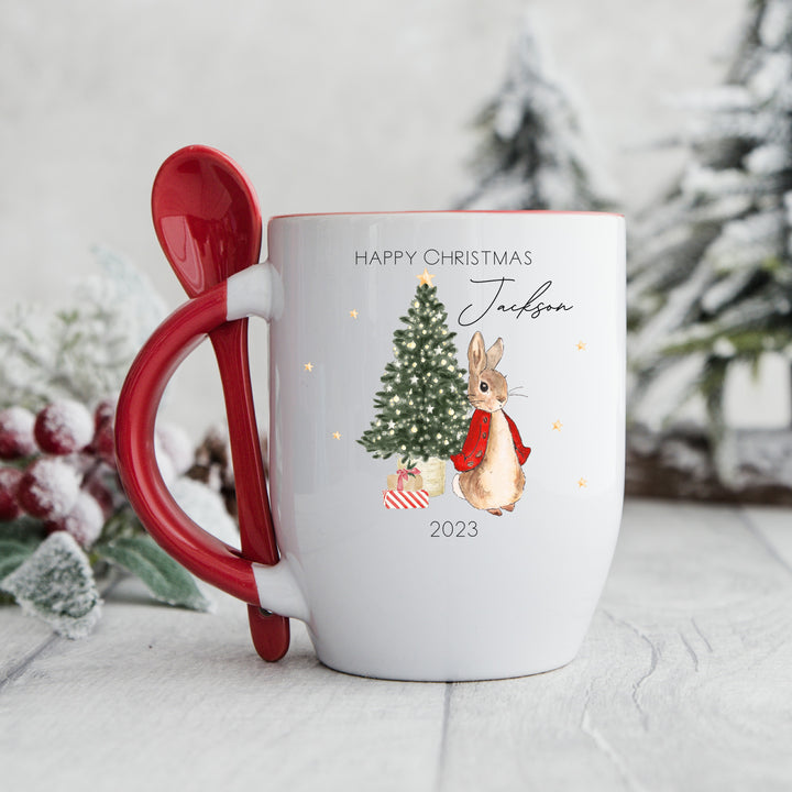 Personalised Happy Christmas Red Rabbit Hot Chocolate Mug