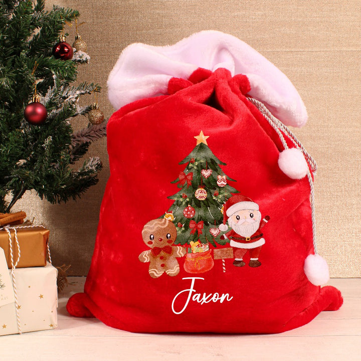 Christmas Scene Red Fluff PomPom Sack