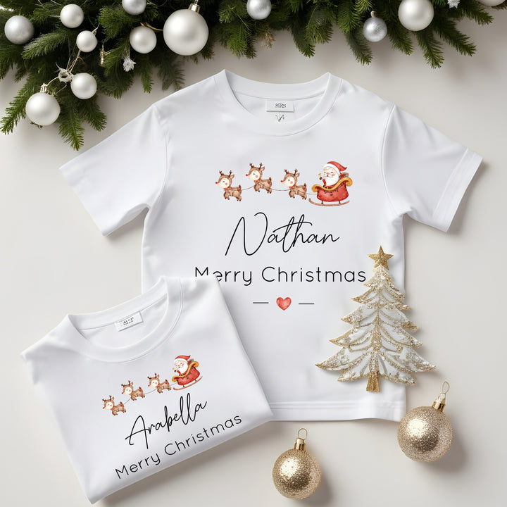 Personalised Santa Sleigh Matching Christmas T-shirts With Optional Trousers