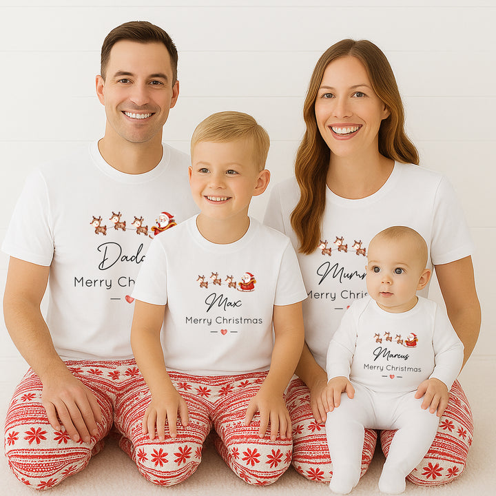 Personalised Santa Sleigh Matching Christmas T-shirts With Optional Trousers