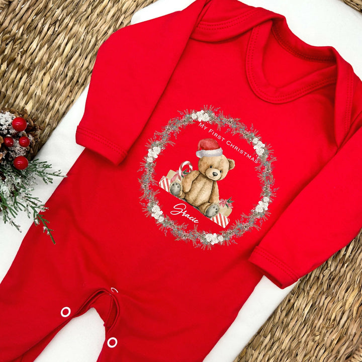 Christmas Teddy Wreath Personalised Red Babygrow