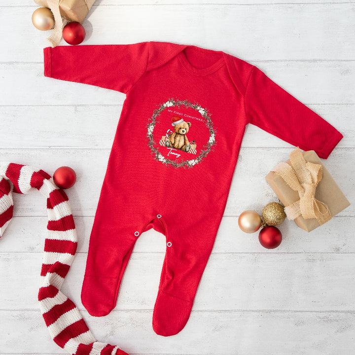 Christmas Teddy Wreath Personalised Red Babygrow