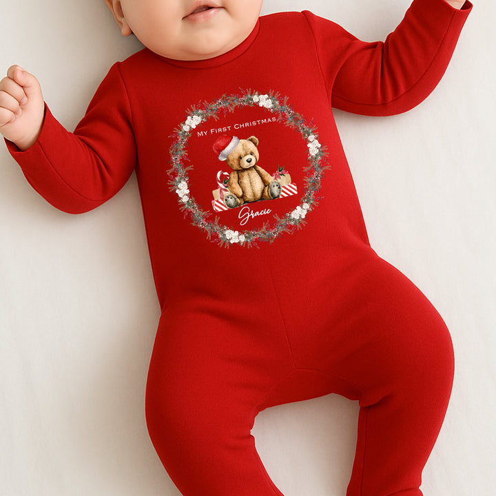 Personalised Teddy Christmas Wreath Baby Grow